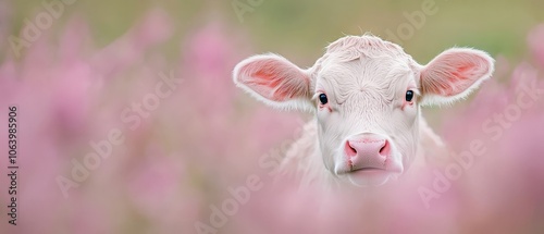  A white cow grazes in a pink flower field