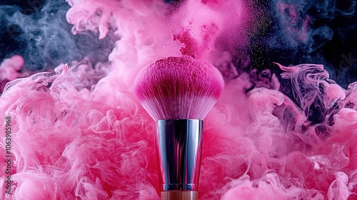  Close-up of makeup brush with pink smoke on black background