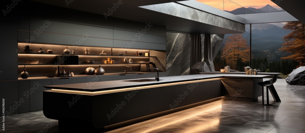 Modern kitchen with sleek design, ambient lighting, and scenic outdoor view. Modern kitchen with sleek design, ambient lighting, and scenic outdoor view.