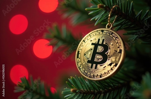 Bitcoin coin on a fir tree branch against a red bokeh background. Space for text, its own space.