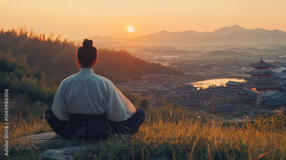 Φωτογραφία A person dressed in traditional clothing is sitting cross-legged on a grassy knoll, gazing towards the horizon where the sun is setting