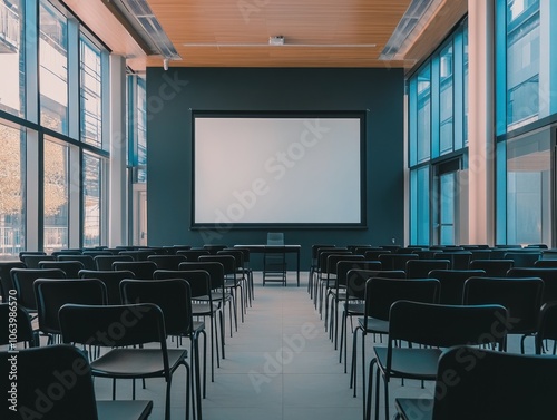 A modern conference room with rows of chairs facing a blank projection screen.