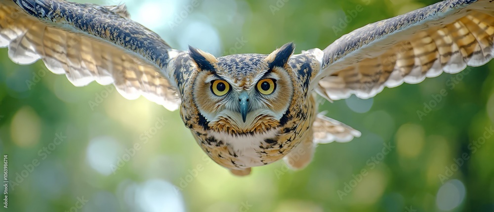 Obraz premium A large owl flies through the air, spreading its wings