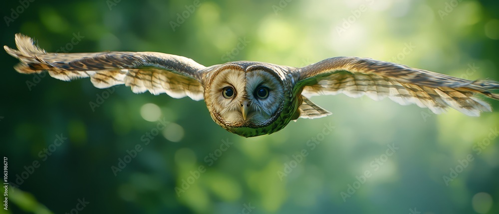 An expansive owl in flight, wings fully extended An expansive owl in flight, wings fully extended