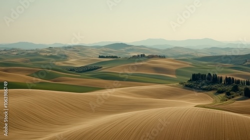 Rolling hills and farmland in the countryside with a hazy mountain range in the background.