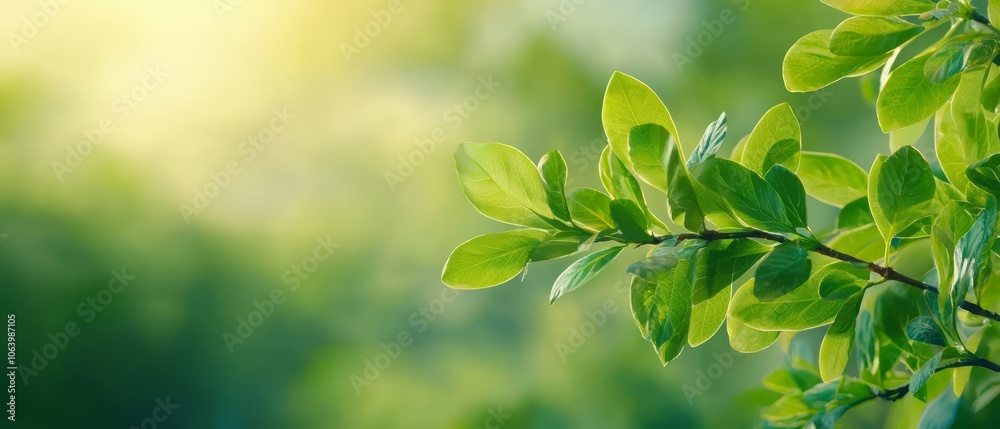 A tree branch adorned with green leaves basks in sunlight A tree branch adorned with green leaves basks in sunlight