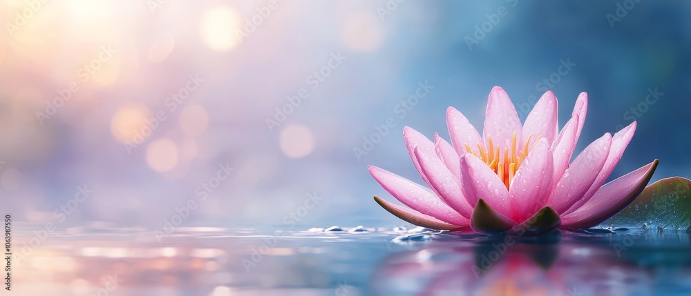 A pink water lily floats atop the water's surface A pink water lily floats atop the water's surface