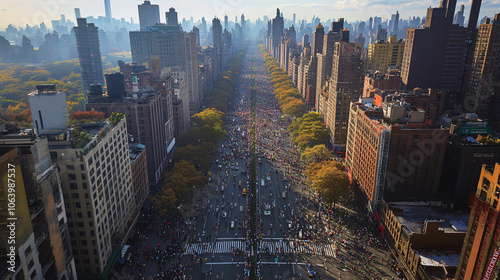 aerial view of new york city marathon crowd with skyscrapers in background