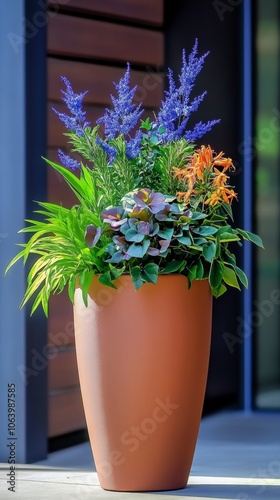 Decorative garden planter with colorful flowers and lush greenery, arranged in a sleek terracotta-colored pot. A stylish addition for outdoor spaces, combining natural beauty with modern design.

