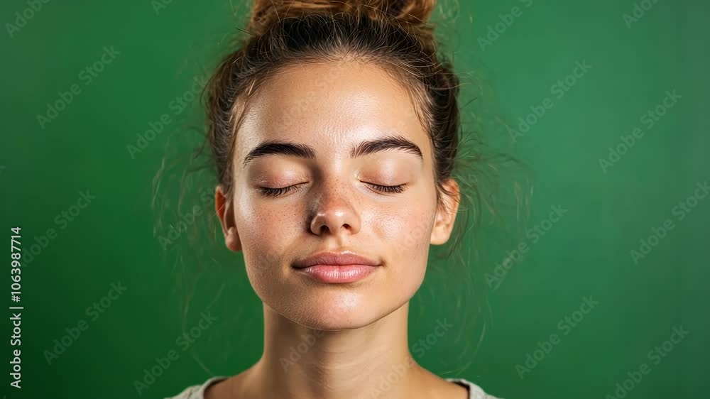 Young woman with her hair tied up poses against a green screen background, closing her eyes and embodying a serene and peaceful demeanor, radiating calm and mindfulness Young woman with her hair tied up poses against a green screen background, closing her eyes and embodying a serene and peaceful demeanor, radiating calm and mindfulness