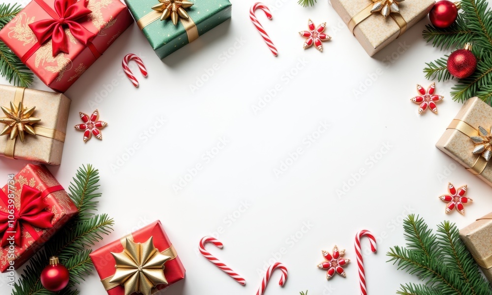 Flat lay of colorful Christmas gifts with festive decorations Flat lay of colorful Christmas gifts with festive decorations