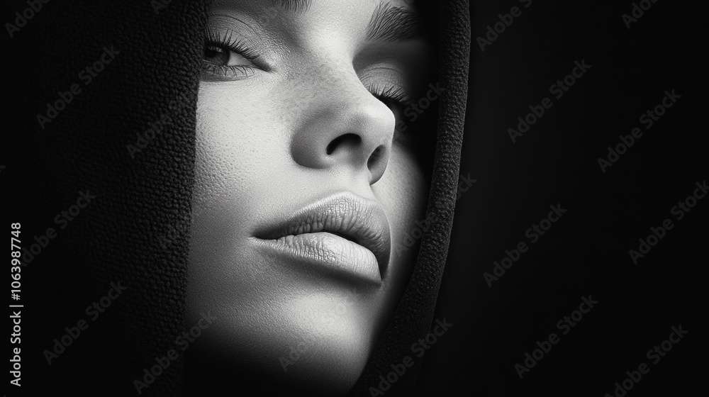Mysterious woman in a hooded cloak gazes intensely, half her face in shadow, AI Mysterious woman in a hooded cloak gazes intensely, half her face in shadow, AI
