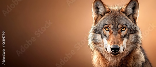  A close up of a wolf's face on a brown background