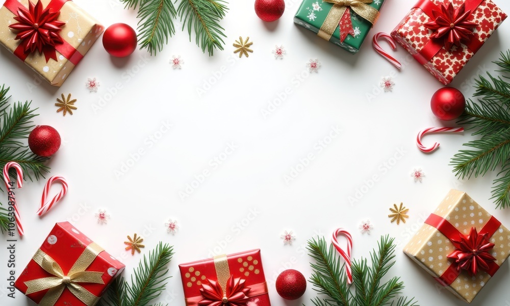 Flat lay of colorful Christmas gifts with festive decorations Flat lay of colorful Christmas gifts with festive decorations