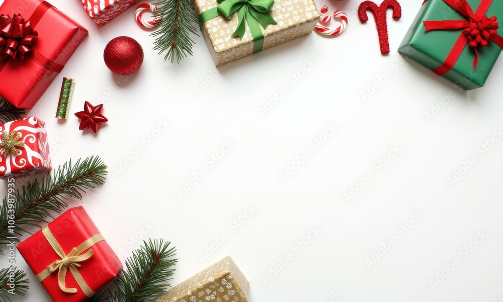 Flat lay of colorful Christmas gifts with festive decorations Flat lay of colorful Christmas gifts with festive decorations