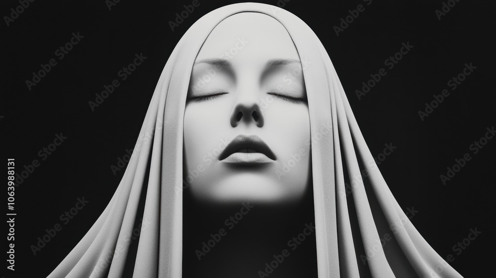 Serene monochrome sculpture of a woman's face with closed eyes and draped fabric, AI Serene monochrome sculpture of a woman's face with closed eyes and draped fabric, AI