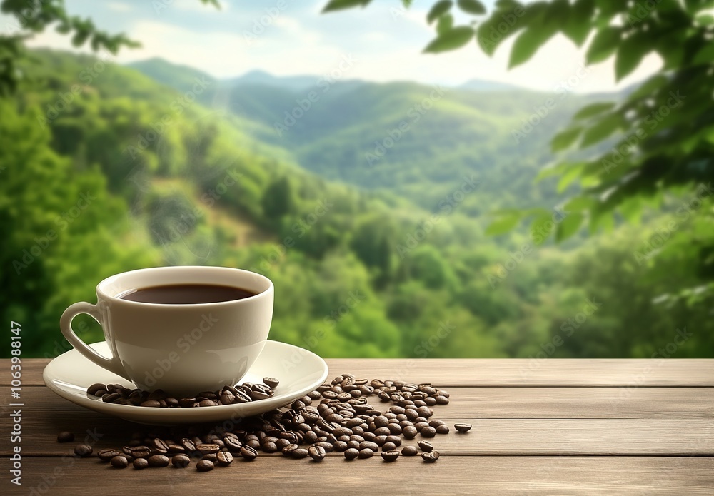 A cup of coffee and scattered coffee beans on the table with a blurred background A cup of coffee and scattered coffee beans on the table with a blurred background