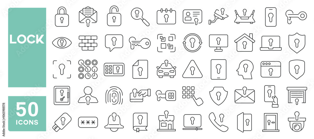 Set of 50 line icons related to lock, protection, security, guard, safe, shield, digital, defense, Editable stroke. Vector illustration Set of 50 line icons related to lock, protection, security, guard, safe, shield, digital, defense, Editable stroke. Vector illustration