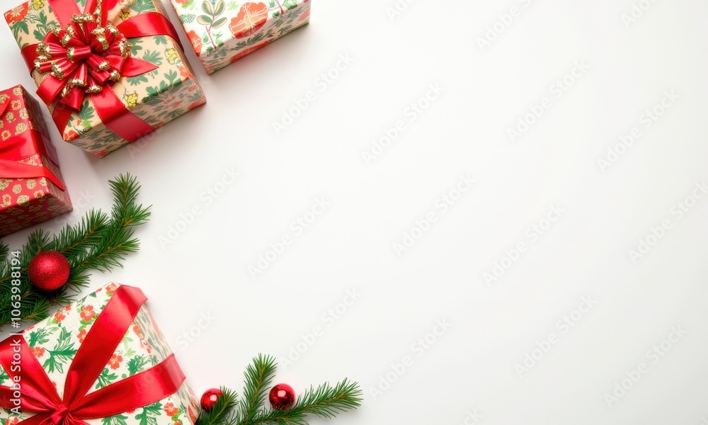 Flat lay of colorful Christmas gifts with festive decorations Flat lay of colorful Christmas gifts with festive decorations