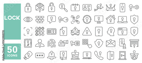 Set of 50 line icons related to lock, protection, security, guard, safe, shield, digital, defense, Editable stroke. Vector illustration