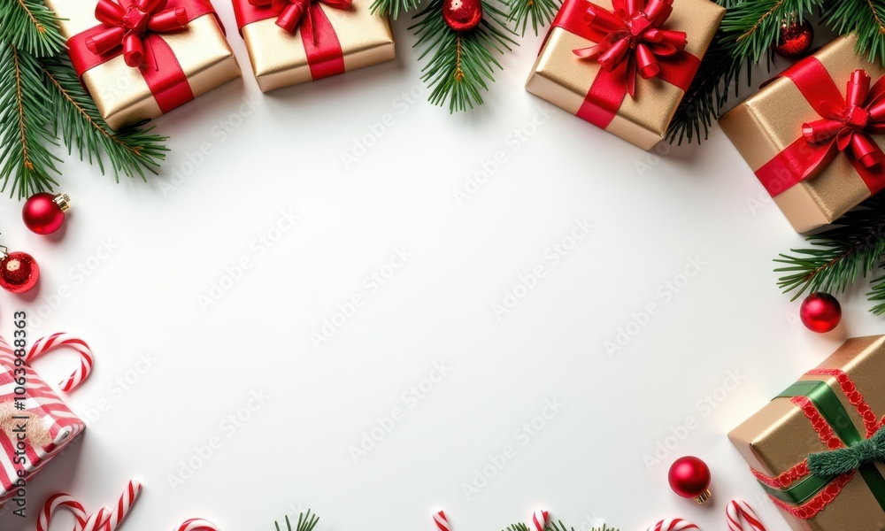 Flat lay of colorful Christmas gifts with festive decorations Flat lay of colorful Christmas gifts with festive decorations