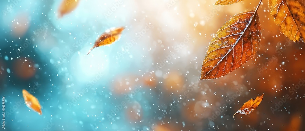 Fototapeta premium Autumn leaves drifting in blue sky background
