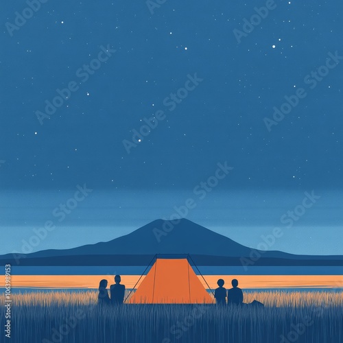 Silhouette of four people sitting around a tent in a grassy field with a mountain and starry night sky in the background.