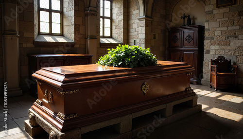 Wallpaper Mural Wooden coffin adorned with greenery inside a quiet stone chapel during daylight Torontodigital.ca