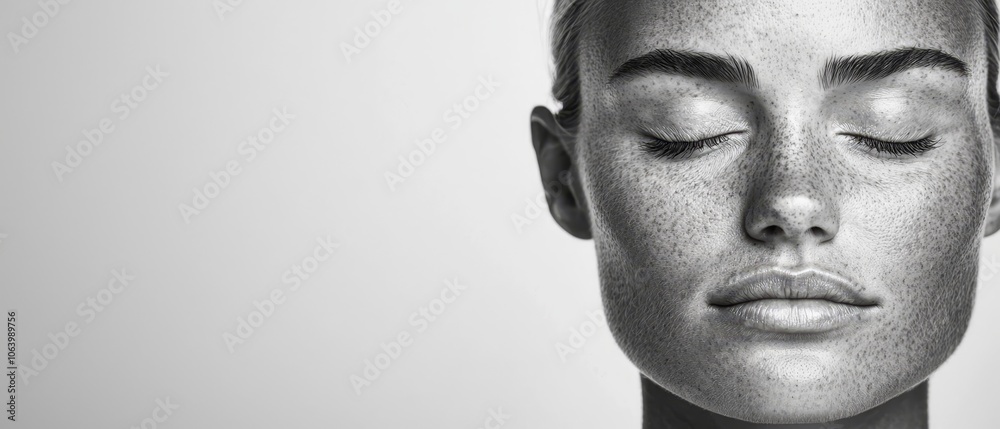 A black and white photo of a woman's face with her eyes closed A black and white photo of a woman's face with her eyes closed