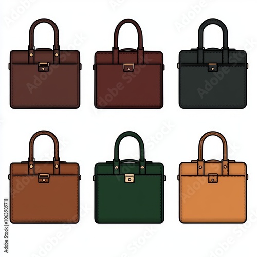 Six different colored leather briefcases, brown, red, green, dark green, orange and black.