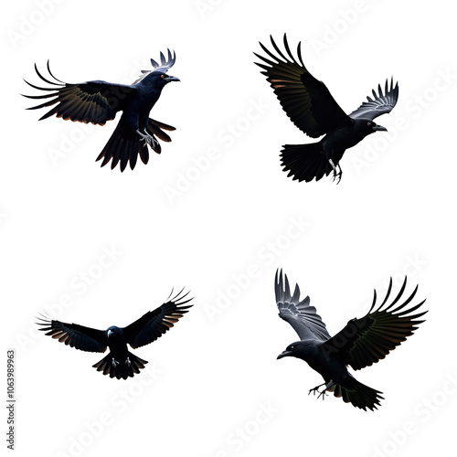 Black crow in mid-air with wings spread wide, showcasing distinctive feathers. Crow positioned in center with body towards bottom right, stark transparent background highlighting black feathers. Png.