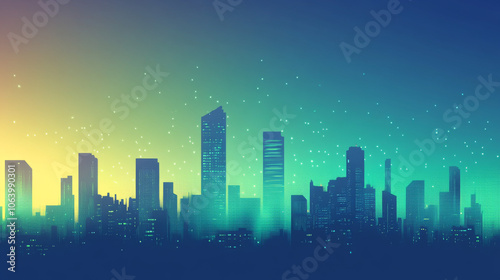 Surreal Cityscape: Nighttime Metropolis, Gradient Background, Digital Art