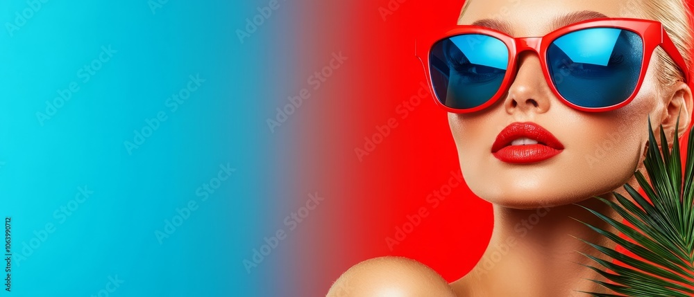  Woman in red sunglasses holds a palm leaf