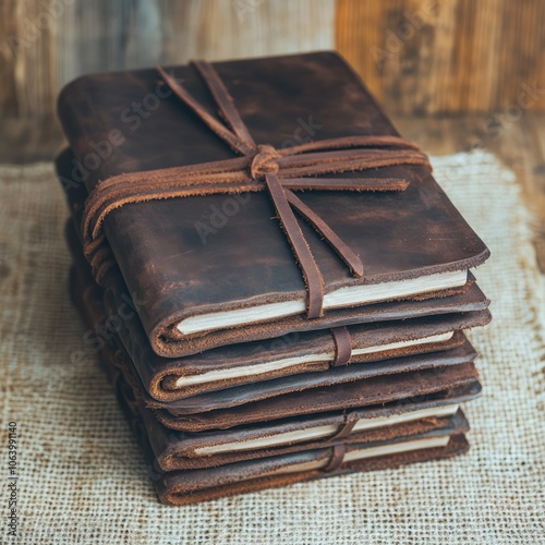 Stack of brown leather bound journals with a rustic background. photo