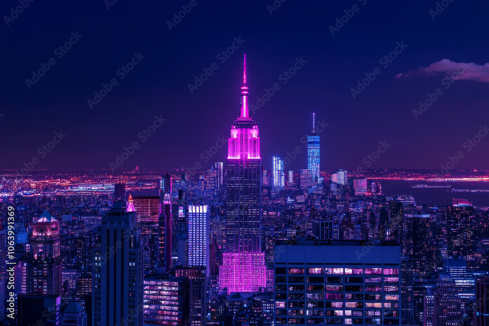 Obraz premium Modern skyscrapers glowing with vibrant pink neon lights against dark night sky. Futuristic cityscape banner