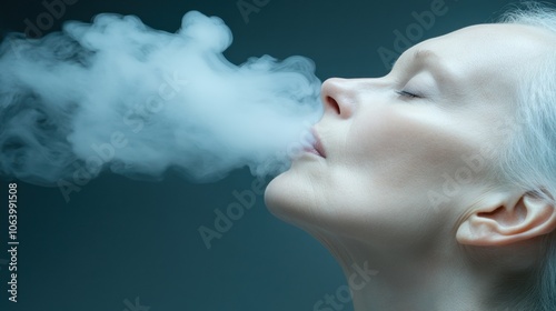 Woman exhaling vapor in a serene, contemplative moment, AI