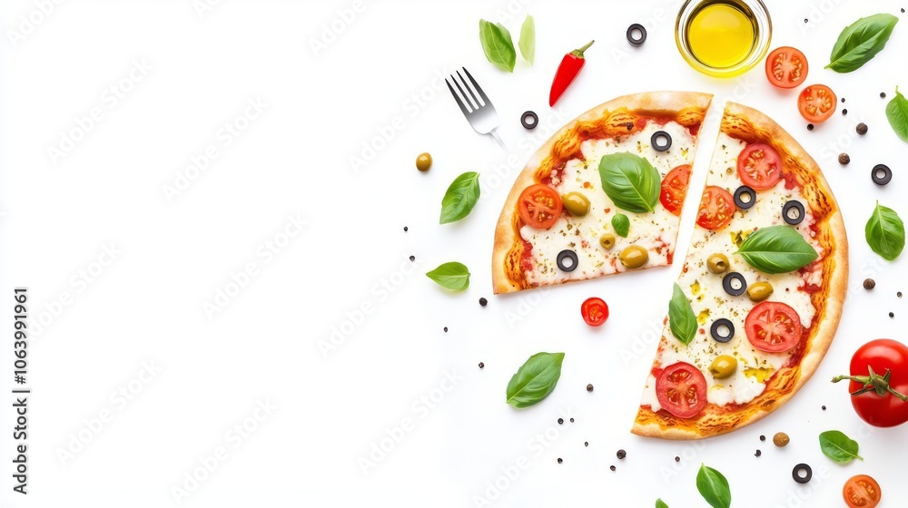 Delicious pizza topped with fresh ingredients, served with basil, olives, and olive oil, perfect for food lovers. Delicious pizza topped with fresh ingredients, served with basil, olives, and olive oil, perfect for food lovers.