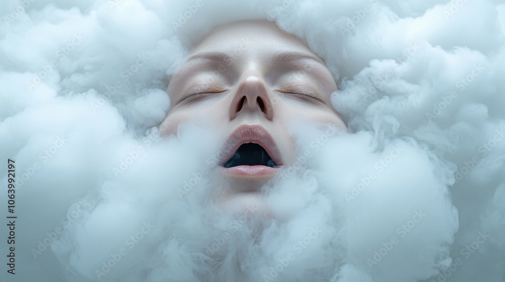 A serene face emerges from soft, billowing clouds, evoking a dreamlike state, AI