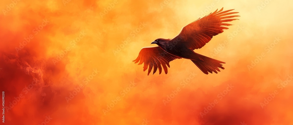 Obraz premium A black bird flying through a fiery orange sky