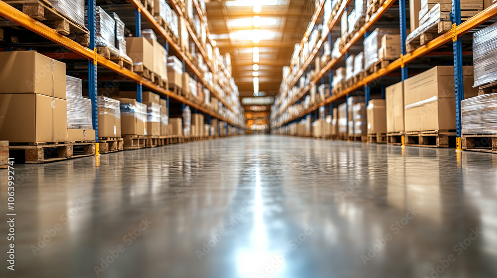 Fototapeta premium Large Warehouse Interior Filled With Stacked Boxes on Pallets Under Bright Overhead Lights During Daytime