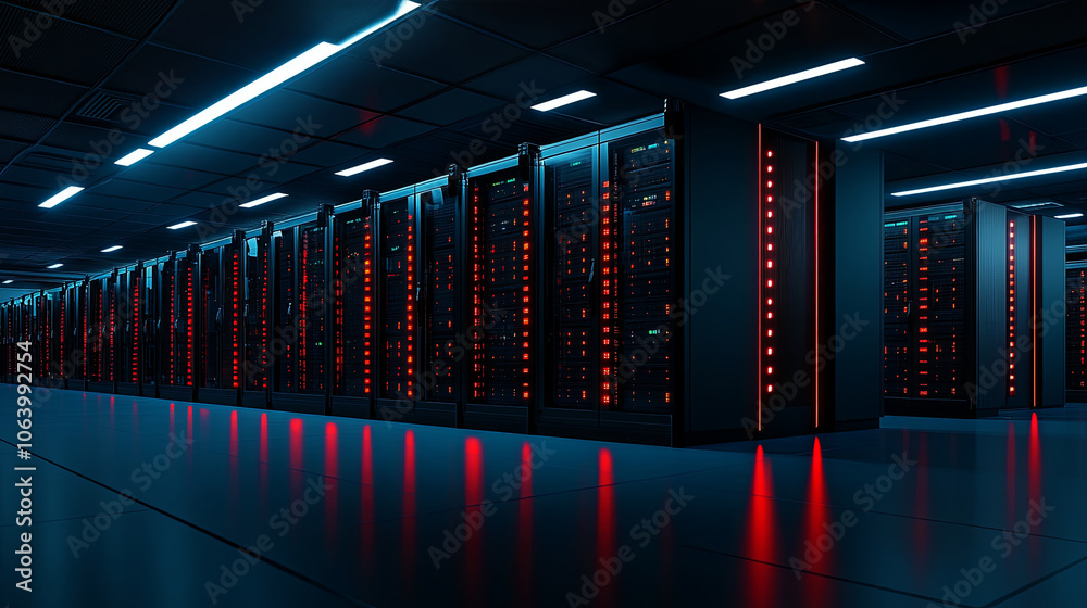 Modern Data Center Filled With Rows of Servers Illuminated by Red and Blue Lights During the Night Modern Data Center Filled With Rows of Servers Illuminated by Red and Blue Lights During the Night