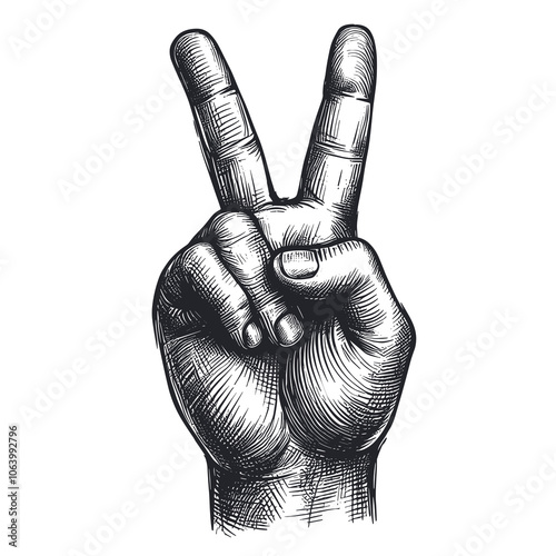 A hand-drawn sketch of a peace sign hand gesture is presented as a vector illustration