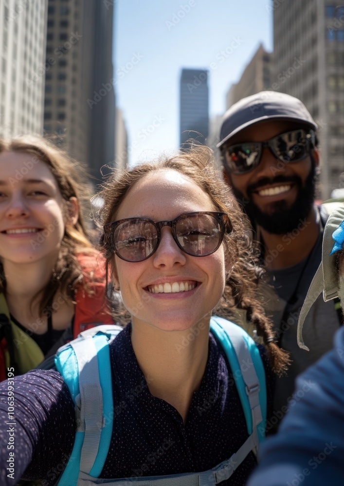 A cheerful group of friends taking a selfie in an urban setting. A cheerful group of friends taking a selfie in an urban setting.
