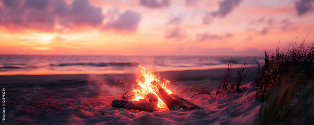 A serene beach sunset with a warm campfire glowing on the sand, creating a peaceful atmosphere for relaxation and reflection. A serene beach sunset with a warm campfire glowing on the sand, creating a peaceful atmosphere for relaxation and reflection.