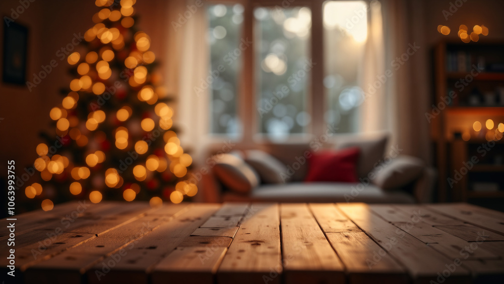Enchanting Winter Wonderland Setting with Wooden Table for Festive Product Promotions Enchanting Winter Wonderland Setting with Wooden Table for Festive Product Promotions