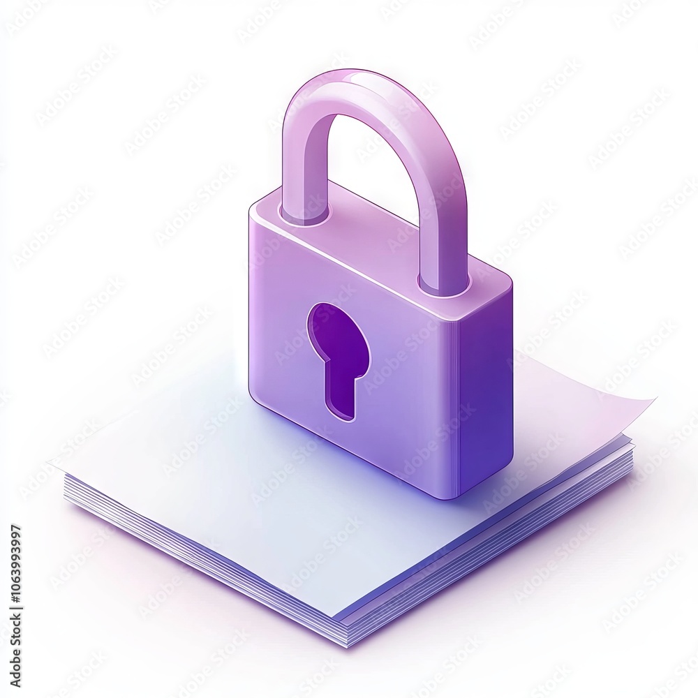 A purple padlock secures a stack of papers. A purple padlock secures a stack of papers.