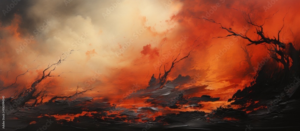 A dramatic landscape depicting fiery skies and barren trees, evoking a sense of desolation. A dramatic landscape depicting fiery skies and barren trees, evoking a sense of desolation.