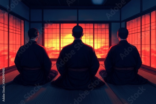 Three figures in traditional Japanese clothing sit in meditation facing a vibrant sunset through a large window.