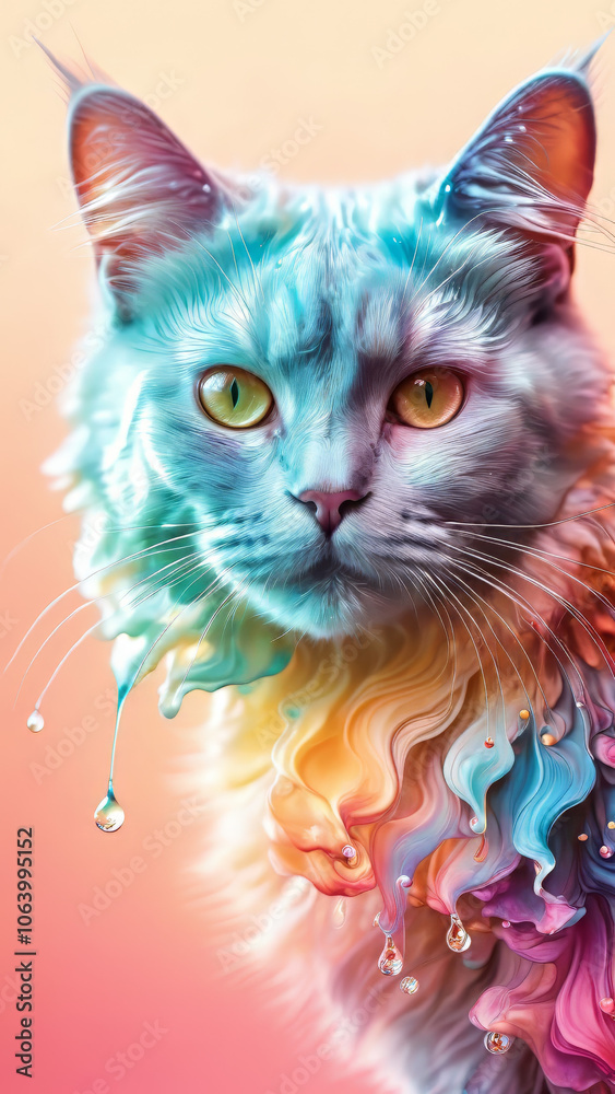 Fototapeta A colourful cute cat covered in colourful paint splash fluid, vibrant paint particles, water drops, alcohol ink smoke, happy pet concept, pet food advertisement