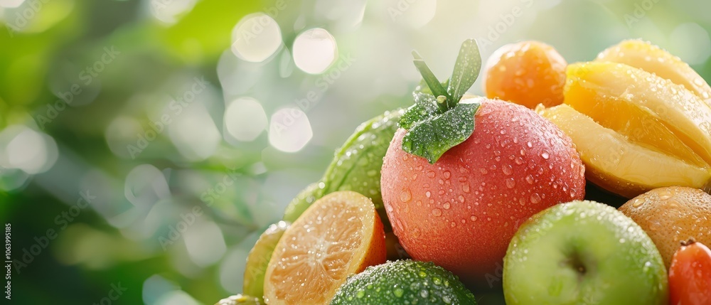 A pile of fresh fruits with water droplets on them A pile of fresh fruits with water droplets on them
